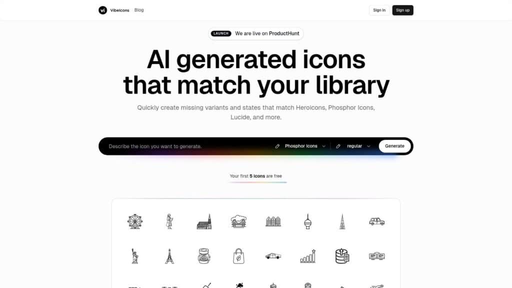 9014a0bd-d8fd-4464-90e6-d96d5e7f0439 AI-generated icon library website interface, featuring an option to create icons that match Heroicons and Phosphor Icons. | Sky Rye Design AI-generated icon library website interface, featuring an option to create icons that match Heroicons and Phosphor Icons.