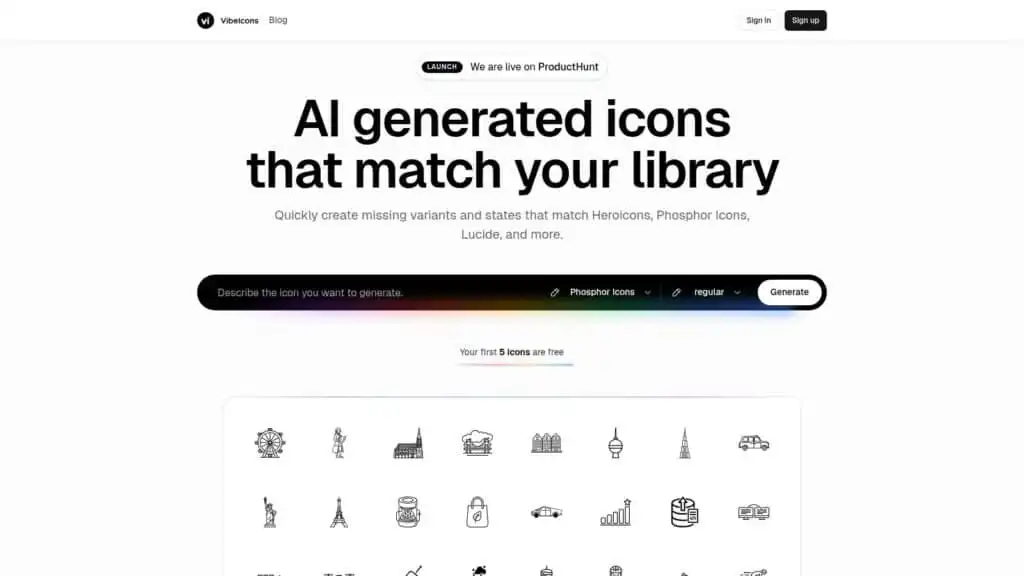AI-generated icon library website interface, featuring an option to create icons that match Heroicons and Phosphor Icons.