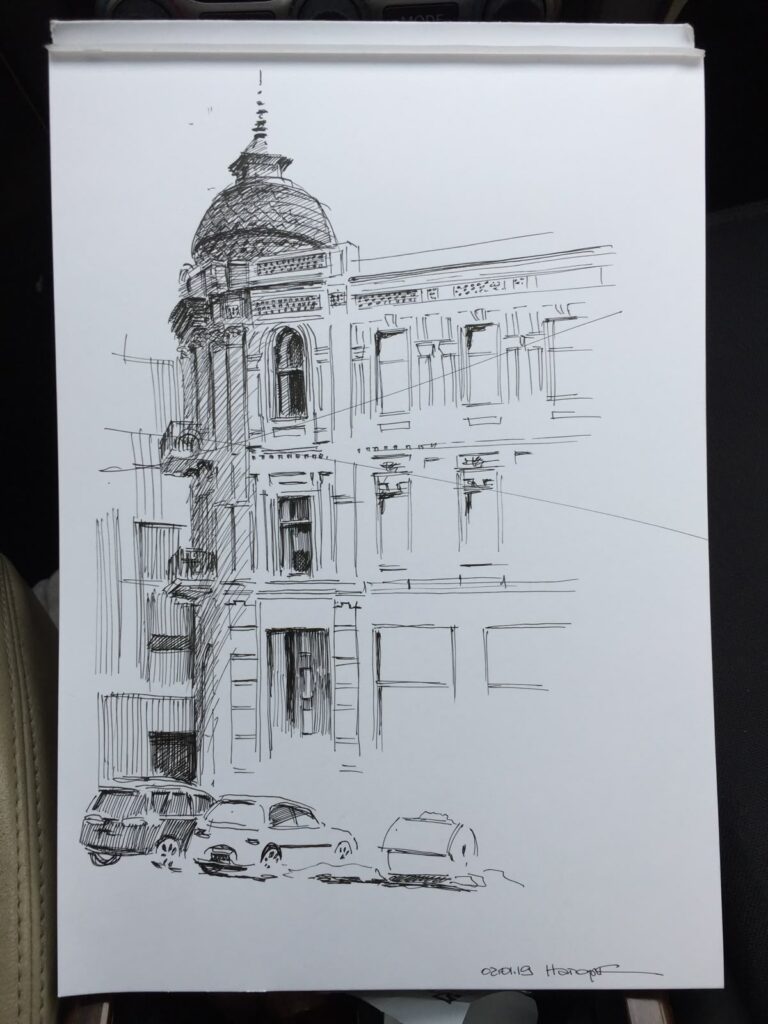 92184d8a140d491d89cd2a4c812c1dad Ink sketch of a historic building with domed roof and detailed facade, cars parked on street below, signed by artist. | Sky Rye Design How to sketch buildings.