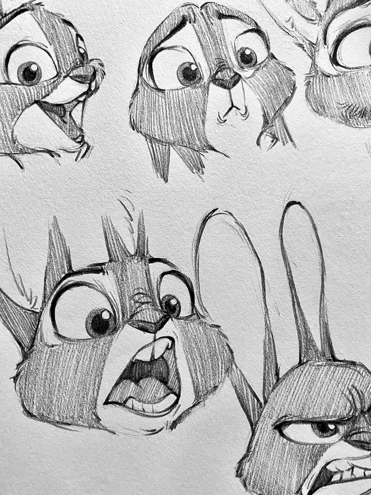 _ 93 Sketch of an animated rabbit character, displaying various facial expressions like surprise and confusion, drawn in pencil. | Sky Rye Design Sketch of an animated rabbit character, displaying various facial expressions like surprise and confusion, drawn in pencil.