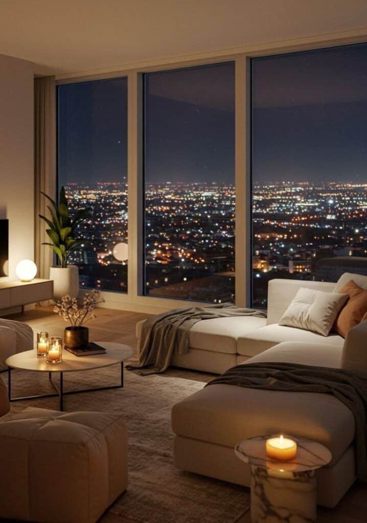 94ee6355-9230-473d-8800-6a3677a278d9 Modern living room at night with cozy lighting, city skyline views through large windows, and elegant neutral-toned furniture. | Sky Rye Design Modern living room at night with cozy lighting, city skyline views through large windows, and elegant neutral-toned furniture.