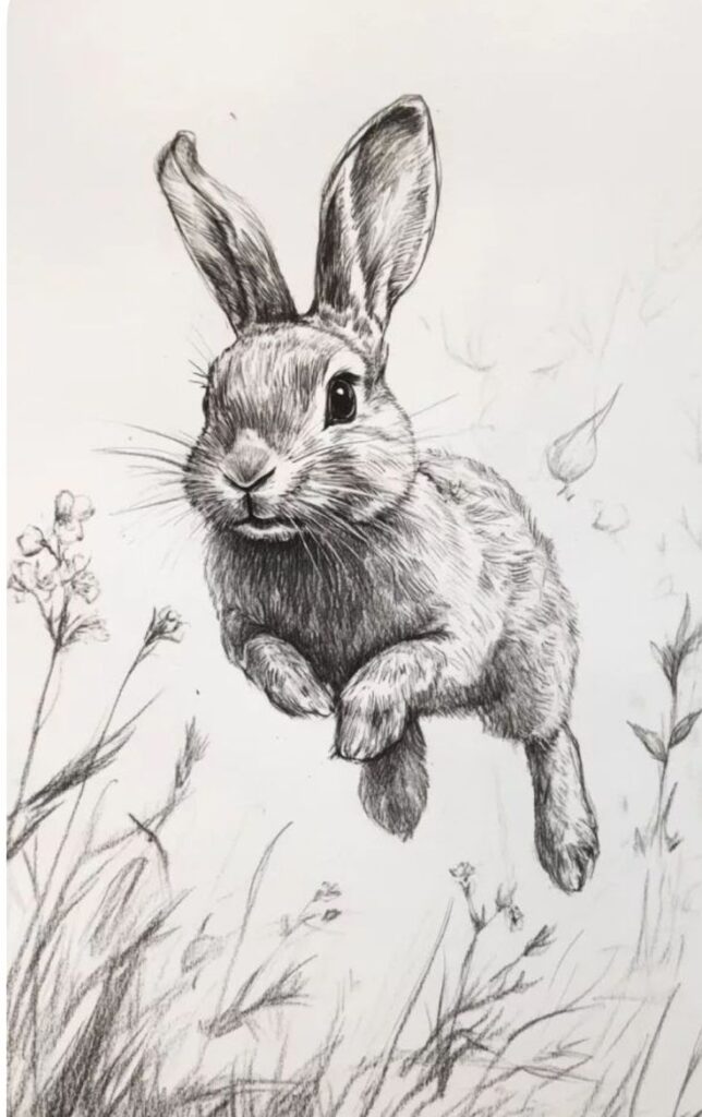 _ 95 Pencil sketch of a leaping rabbit in a field, captured in mid-air among flowers and grass. Meticulously detailed and lifelike drawing. | Sky Rye Design Pencil sketch of a leaping rabbit in a field, captured in mid-air among flowers and grass. Meticulously detailed and lifelike drawing. Draw Animals