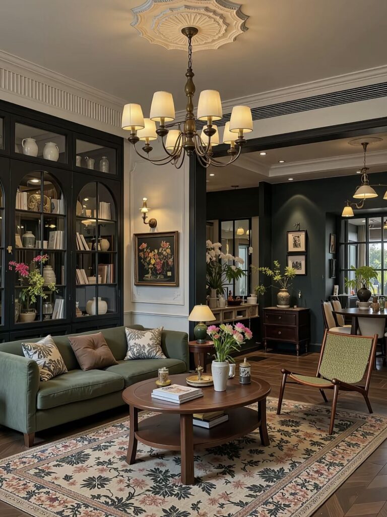 Elegant living room with cozy green sofa, floral rug, and vintage chandelier. Warm lighting highlights tasteful decor and lush plants.