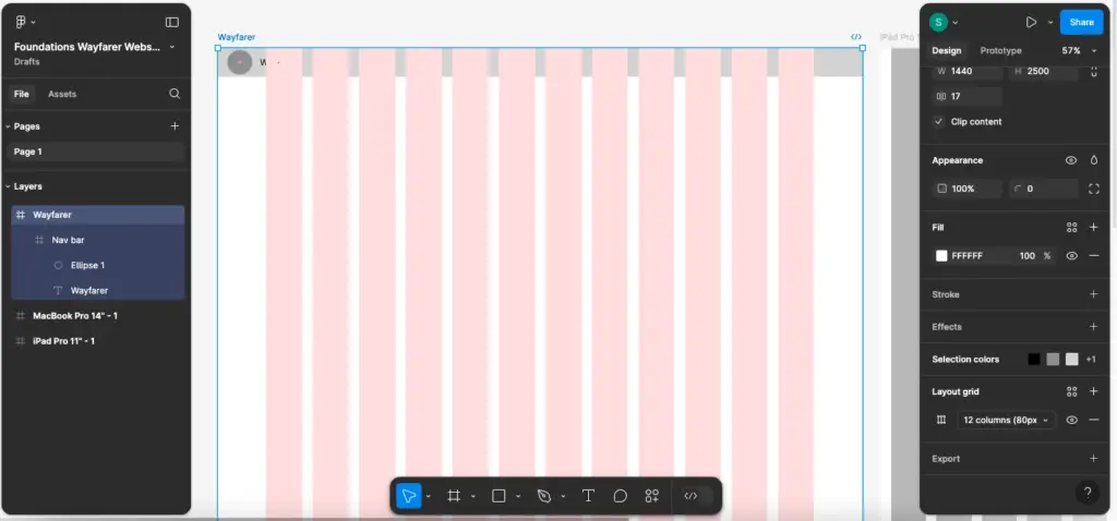 96adb772006607fd4e8832f6b70e00feb277243e Design layout in Figma showing 12-column grid with pink strips, sidebar layers, and design tools visible, optimizing web page structure. | Sky Rye Design Design layout in Figma showing 12-column grid with pink strips, sidebar layers, and design tools visible, optimizing web page structure.