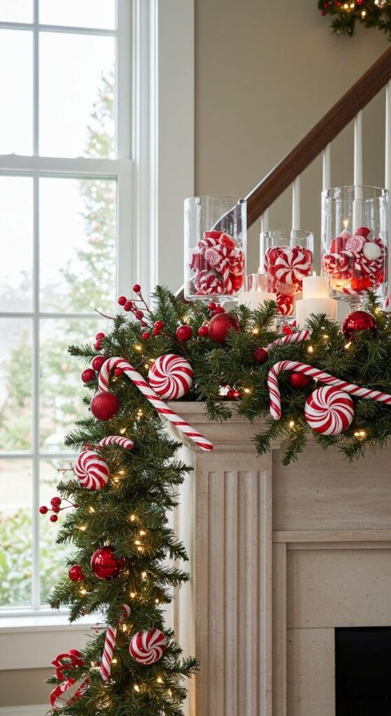 96e79ef381b0578409bb2d77cb6148a0 Festive Christmas mantle decor with candy canes, peppermint ornaments, pine garland, and twinkling lights by a window. | Sky Rye Design Festive Christmas mantle decor with candy canes, peppermint ornaments, pine garland, and twinkling lights by a window.