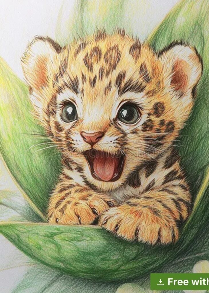_ 97 Illustration of a cute, playful leopard cub inside a green leaf, showing its open mouth and bright eyes, evoking joy and curiosity. | Sky Rye Design Illustration of a cute, playful leopard cub inside a green leaf, showing its open mouth and bright eyes, evoking joy and curiosity.
