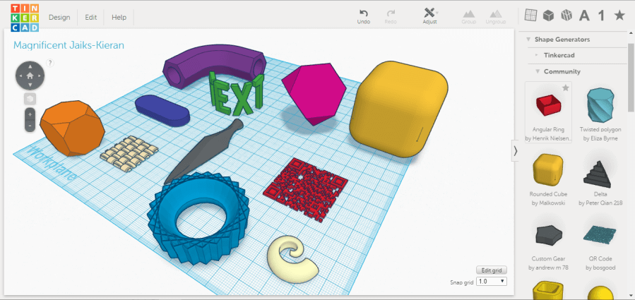 Tinkercad workspace with various 3D shapes, including a cube, gear, and QR code, showcasing design tools and shape generators.