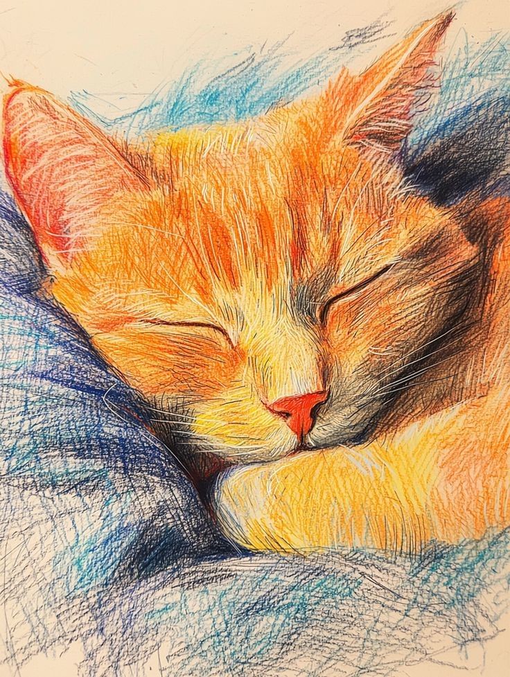 _ 98 Colorful drawing of a sleeping orange cat nestled in a blanket, showcasing detailed pencil strokes and vibrant hues. | Sky Rye Design Colorful drawing of a sleeping orange cat nestled in a blanket, showcasing detailed pencil strokes and vibrant hues.