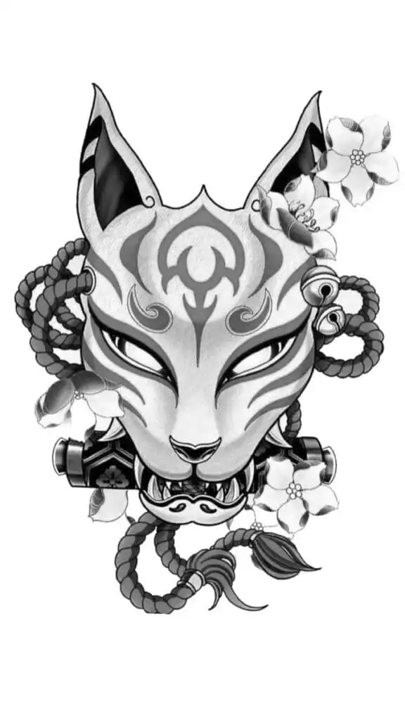 9b0cd8af-8e1a-43fe-8615-476b93a94b17 Stylized cat mask with tribal patterns, surrounded by flowers and ropes, featuring detailed black and white design elements. | Sky Rye Design Stylized cat mask with tribal patterns, surrounded by flowers and ropes, featuring detailed black and white design elements.