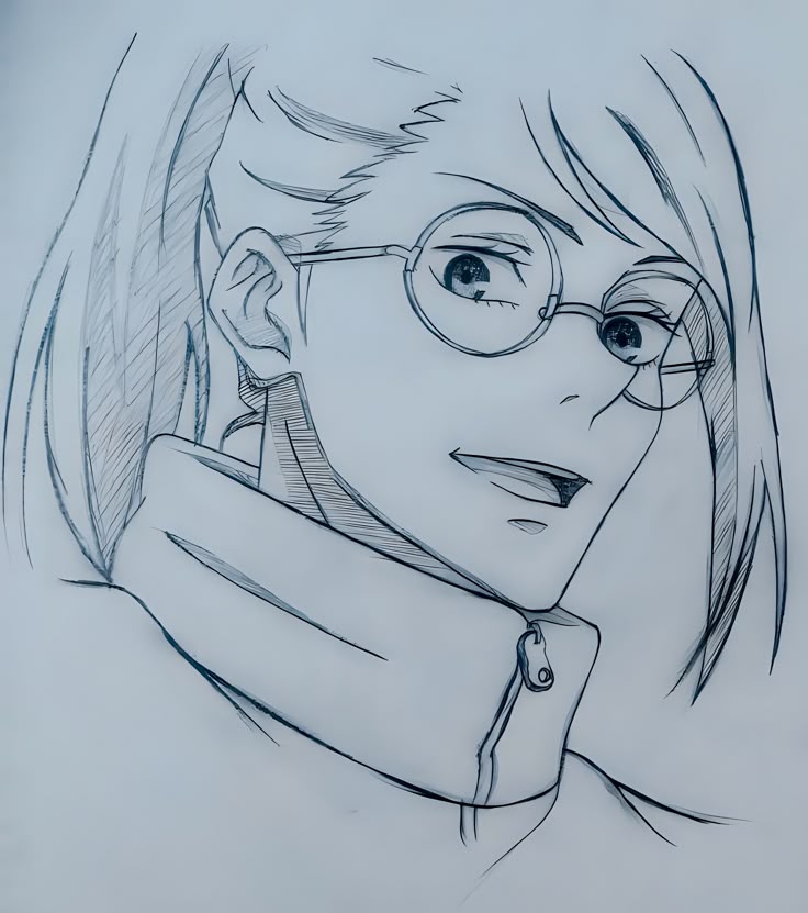 Anime sketch of a smiling character wearing glasses and a high-collared jacket, exuding a confident and stylish aura.