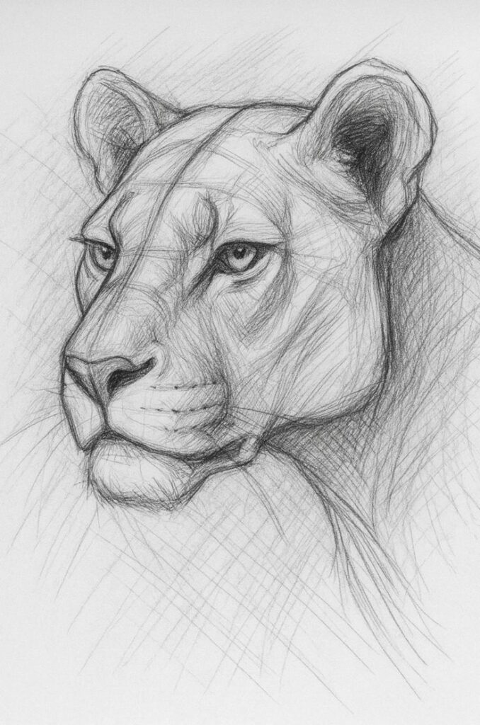 Detailed pencil sketch of a lioness head, showcasing realistic features and expressive eyes, drawn in a classic style.