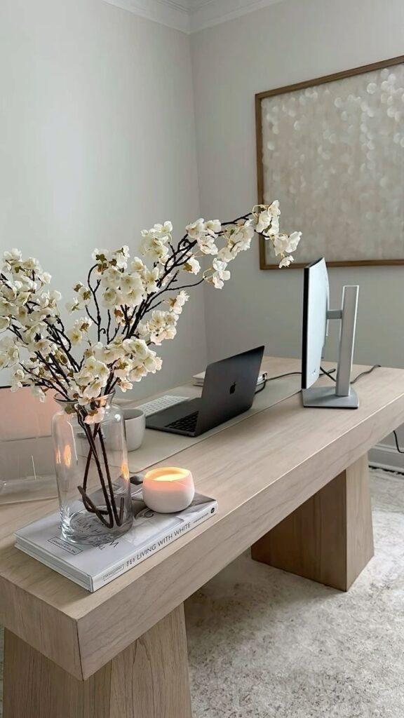 9de1af04-6741-479c-b5ac-7ac52005be39 Modern home office with a wooden desk, laptop, monitor, floral decor, and lit candle creating a serene workspace. | Sky Rye Design Modern home office with a wooden desk, laptop, monitor, floral decor, and lit candle creating a serene workspace.