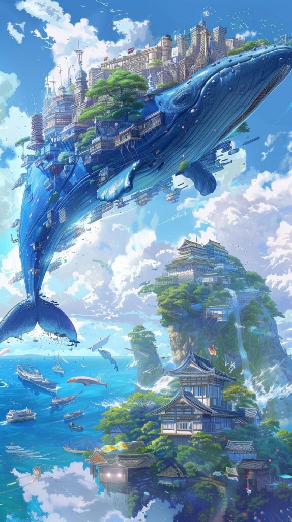 A Fantastical Journey Fantasy scene of a giant whale with a city on its back flying over a coastal landscape with ships and vibrant blue skies. | Sky Rye Design Fantasy scene of a giant whale with a city on its back flying over a coastal landscape with ships and vibrant blue skies.