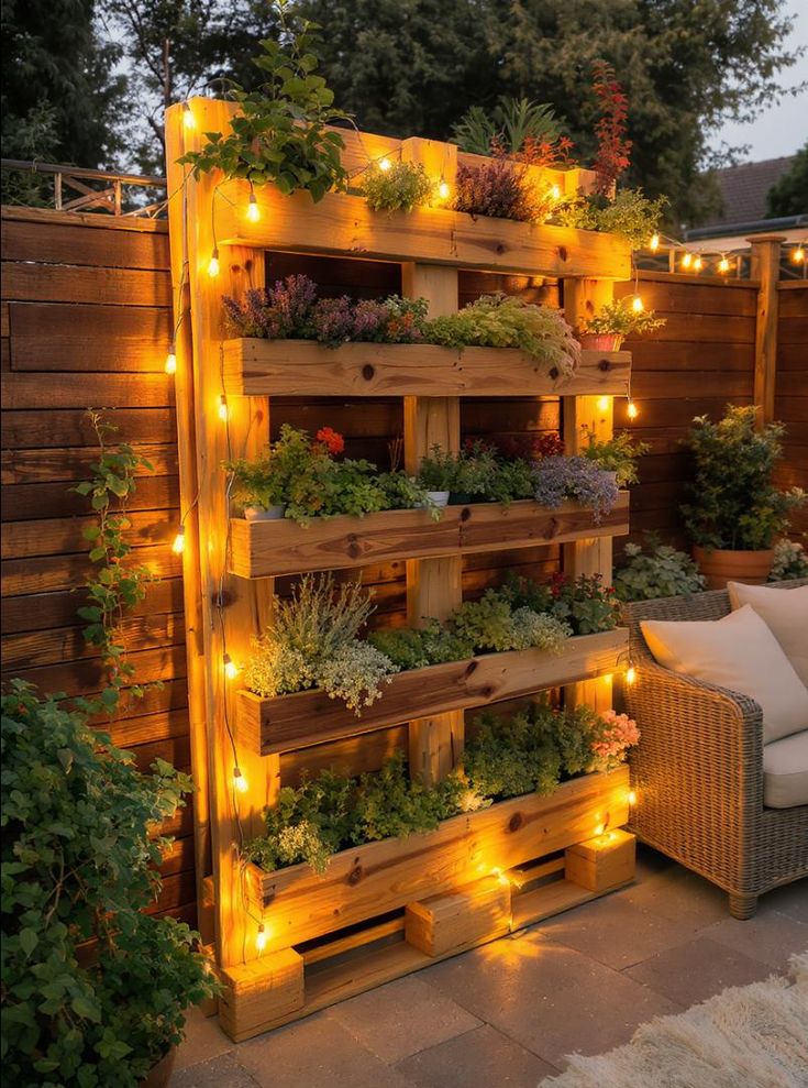 Vertical garden with glowing string lights and diverse plants on wooden planters, enhancing a cozy outdoor patio setting with a wicker chair.