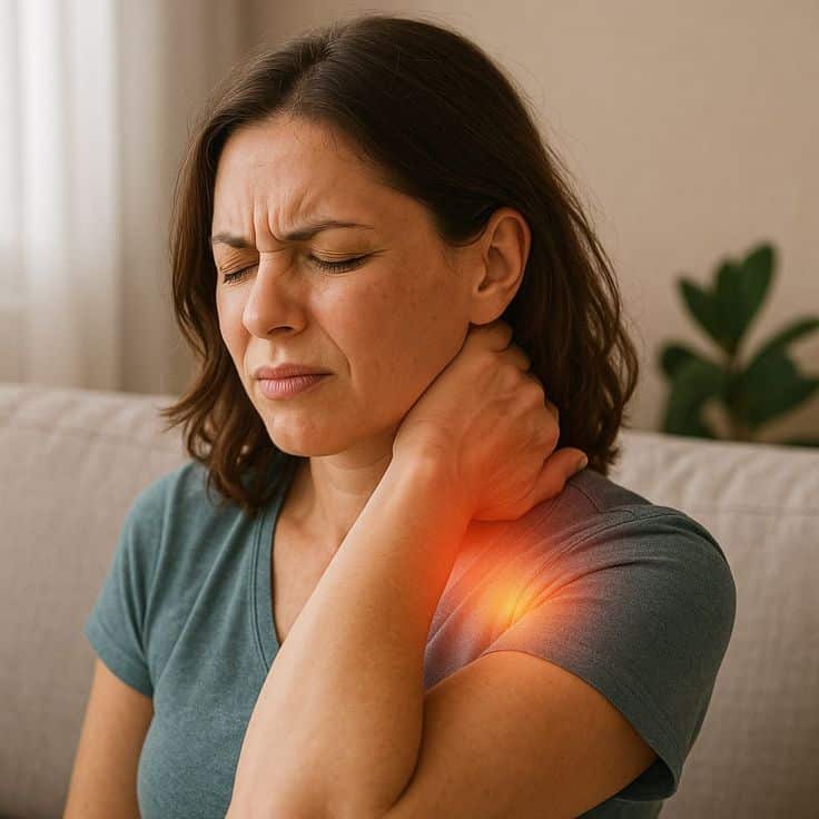 A New Wave in Wellness_ Exploring the Power of Energy Healing Woman experiencing neck pain holding affected area with an orange glow, sitting on a couch. Home remedy for neck pain relief concept. | Sky Rye Design Woman experiencing neck pain holding affected area with an orange glow, sitting on a couch. Home remedy for neck pain relief concept.