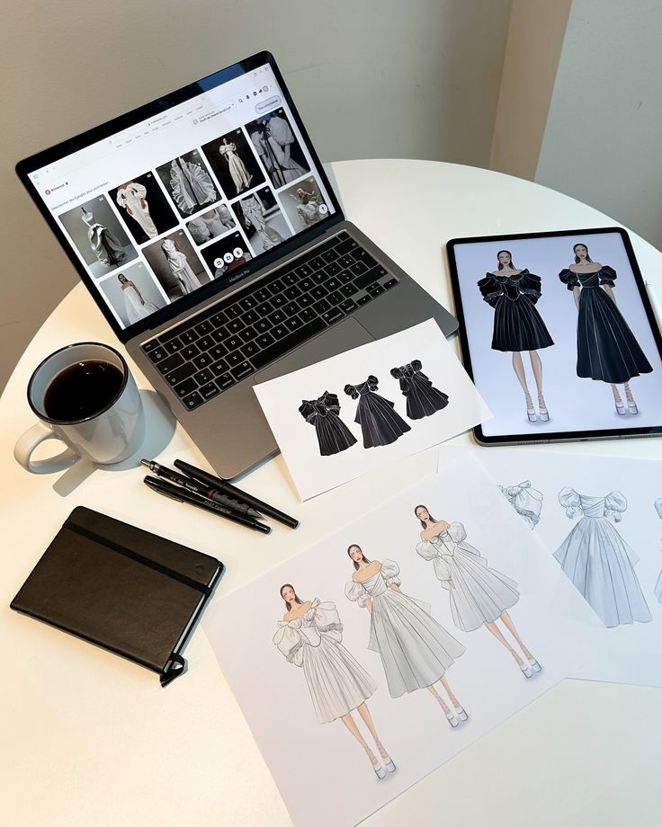Fashion design workspace with a laptop, sketches of dresses, pens, a notebook, and a coffee cup on a white round table.