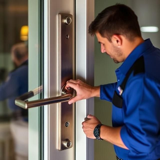 AB Locksmith Florida Man in blue uniform unlocking a metal door with a key, indoors, focusing on secure entry systems and safety. | Sky Rye Design Man in blue uniform unlocking a metal door with a key, indoors, focusing on secure entry systems and safety.