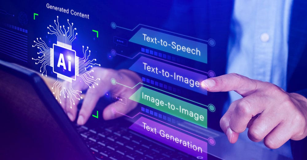 AI-content-generation Person interacting with a digital AI interface for text-to-speech, text-to-image, image-to-image, and text generation on a laptop screen. | Sky Rye Design Person interacting with a digital AI interface for text-to-speech, text-to-image, image-to-image, and text generation on a laptop screen.