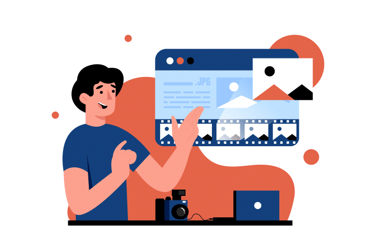 AI-creation Illustration of a person presenting image editing software with a laptop and camera, highlighting a photo editing interface. | Sky Rye Design Illustration of a person presenting image editing software with a laptop and camera, highlighting a photo editing interface.