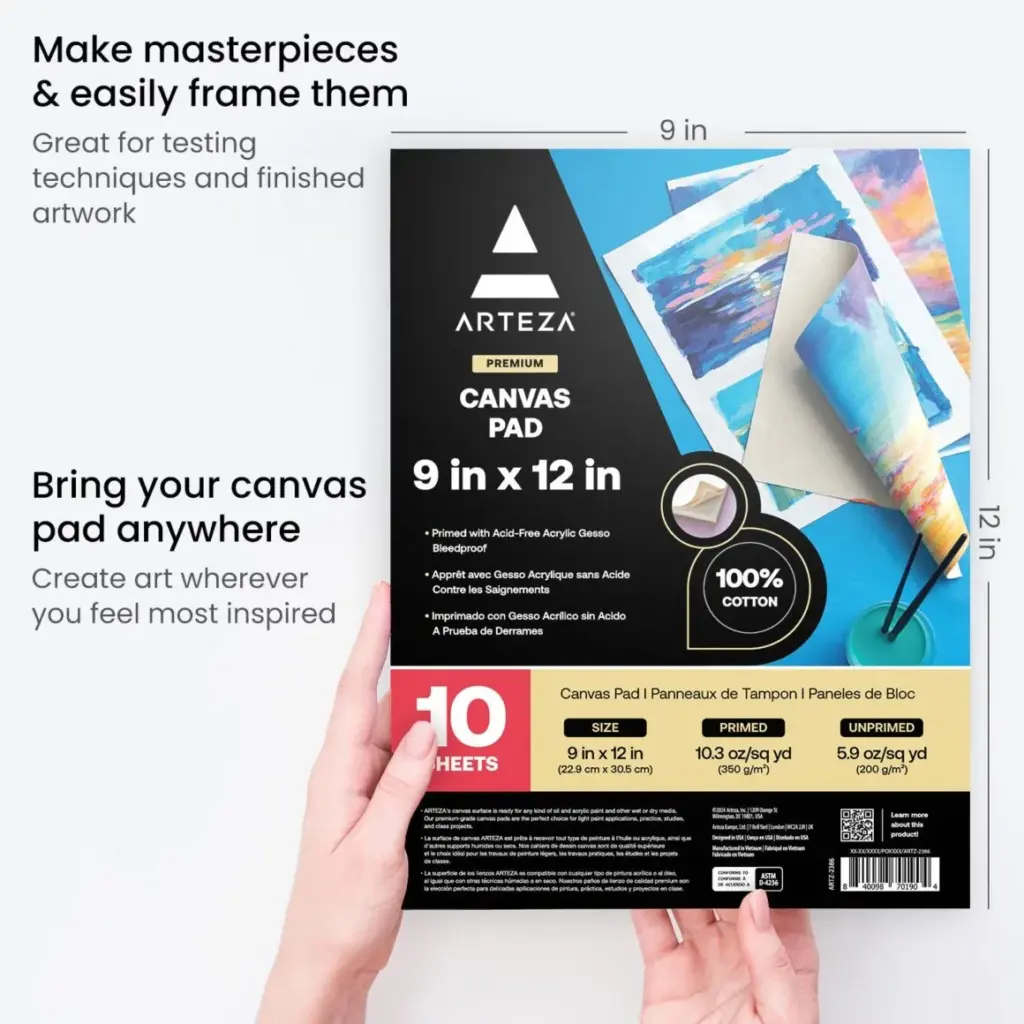 ARTZ-2387_secondary_2 Arteza 9x12 inch canvas pad with 10 sheets. Acid-free, 100% cotton, perfect for painting and framing. Portable for art on-the-go. | Sky Rye Design Arteza 9x12 inch canvas pad with 10 sheets. Acid-free, 100% cotton, perfect for painting and framing. Portable for art on-the-go.
