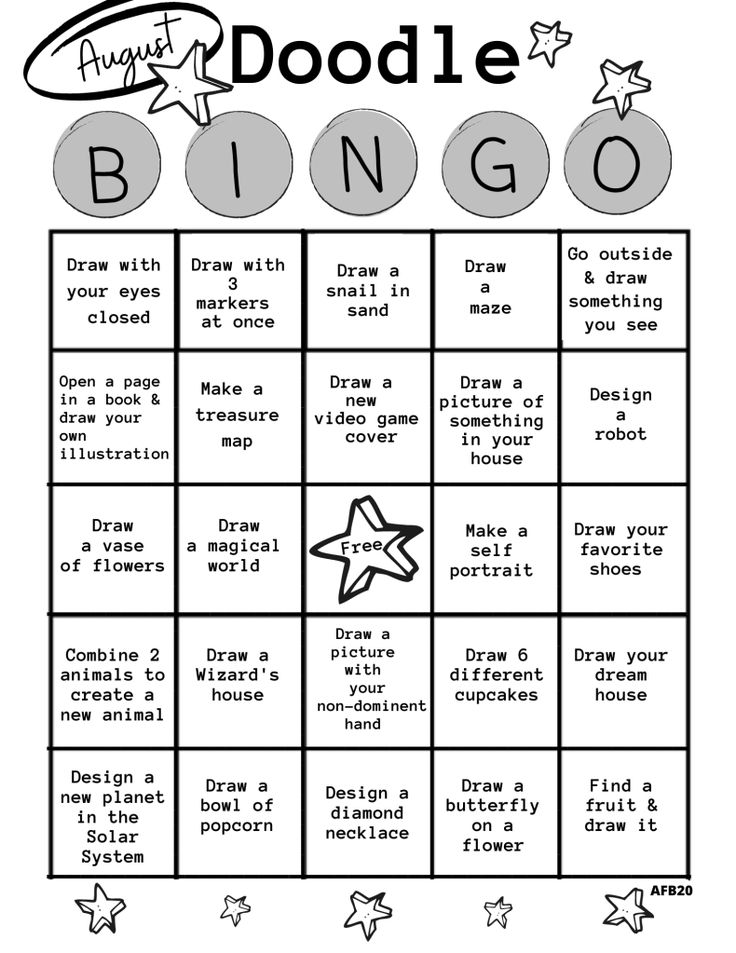 AUGUST DOODLE BINGO Challenge August Doodle Bingo card with creative drawing prompts, including drawing a maze, robot, favorite shoes, and a magical world. | Sky Rye Design August Doodle Bingo card with creative drawing prompts, including drawing a maze, robot, favorite shoes, and a magical world.