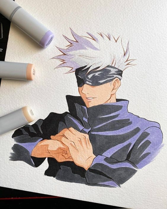 Anime character illustration with spiky white hair, black blindfold, and dark coat, alongside three colored markers on paper.