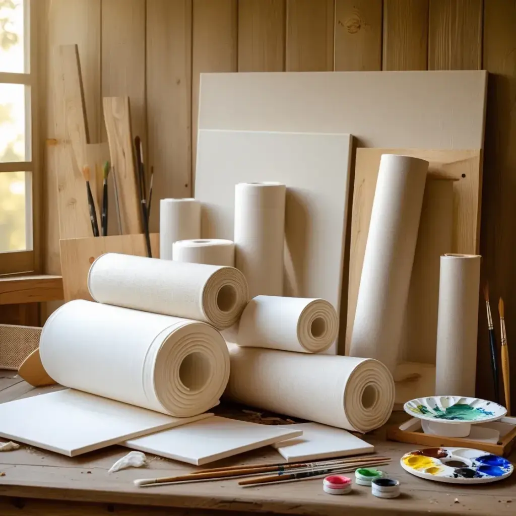 Artist's studio with canvas rolls, paintbrushes, and colorful paints on a wooden table by a window. Creative workspace essentials.