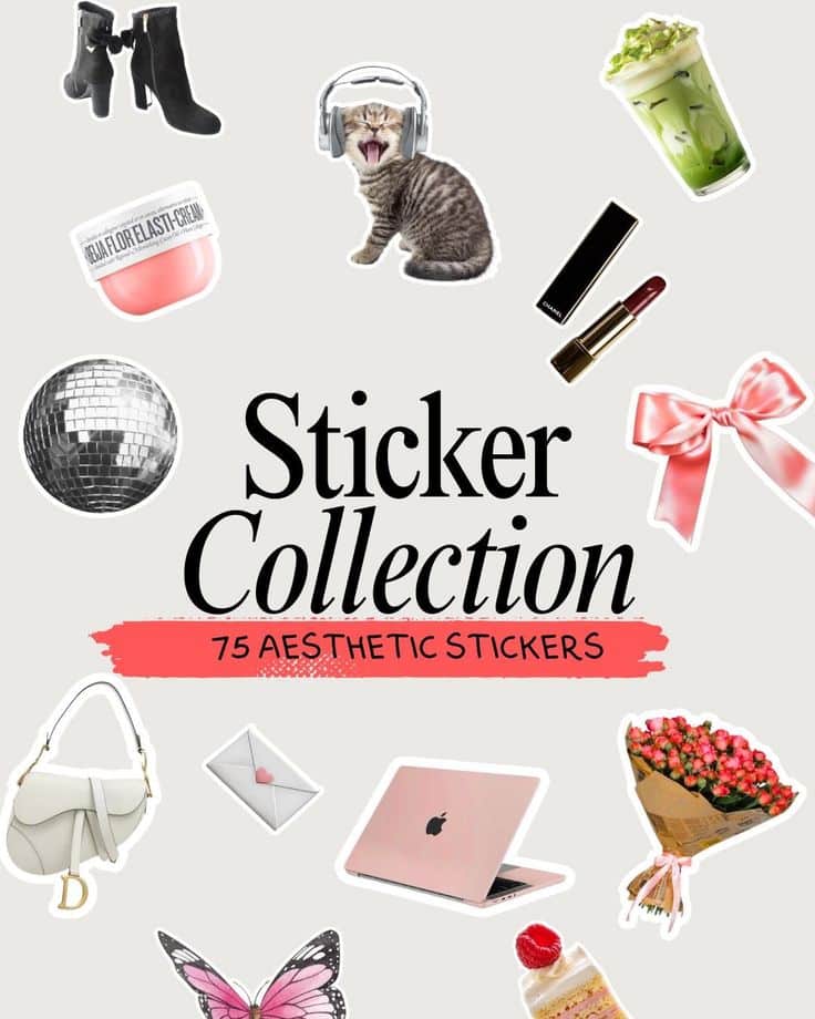 Aesthetic Sticker Templates _ DFY _ MRR _ Digital Products _ Canva Templates Sticker collection featuring a variety of aesthetic designs: cat, lipstick, matcha, flowers, bow, laptop, boots, and disco ball. | Sky Rye Design Sticker collection featuring a variety of aesthetic designs: cat, lipstick, matcha, flowers, bow, laptop, boots, and disco ball.