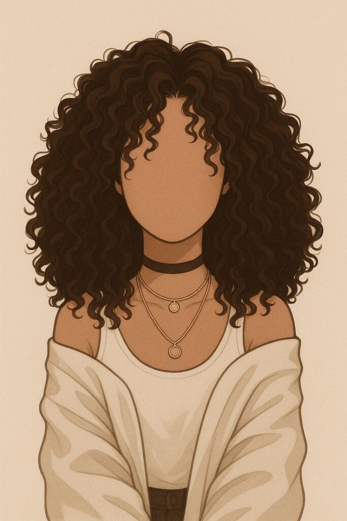 Aesthetic pfp inspo _3💕 Illustration of a faceless person with curly hair, wearing layered necklaces, a white tank top, and a cozy sweater. | Sky Rye Design Illustration of a faceless person with curly hair, wearing layered necklaces, a white tank top, and a cozy sweater.