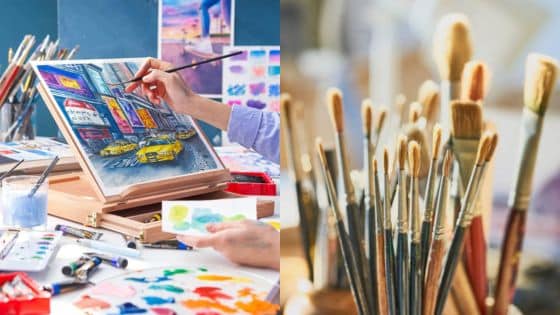 Affordable Art Supplies to Start Creative Journey Today Artist painting a vibrant cityscape with a variety of brushes and color palettes, showcasing creative tools and artistic process. | Sky Rye Design Artist painting a vibrant cityscape with a variety of brushes and color palettes, showcasing creative tools and artistic process.