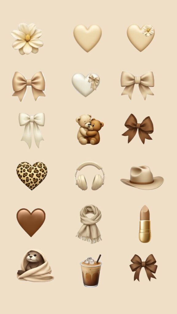 Affordable glam is a scroll away_ 📱 Aesthetic beige-themed icons: flowers, hearts, bows, teddy bears, headphones, hat, scarf, lipstick, sloth, iced coffee, and leopard print. | Sky Rye Design Aesthetic beige-themed icons: flowers, hearts, bows, teddy bears, headphones, hat, scarf, lipstick, sloth, iced coffee, and leopard print.