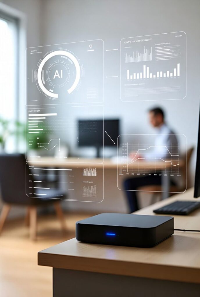 Ai success Futuristic office with AI data holograms and a man working at a desk, highlighting technology integration in a modern workspace. | Sky Rye Design Futuristic office with AI data holograms and a man working at a desk, highlighting technology integration in a modern workspace.