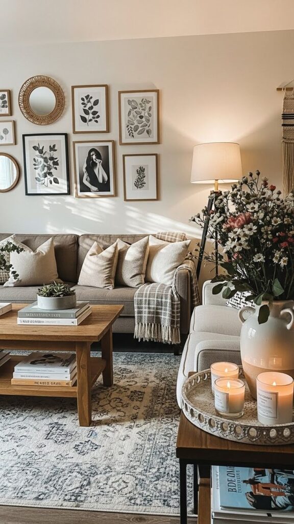 Amazon_com_ Home Decor Cozy living room with a beige sofa, framed art, potted plants, and candles on a wooden table, creating a warm and inviting atmosphere. | Sky Rye Design Cozy living room with a beige sofa, framed art, potted plants, and candles on a wooden table, creating a warm and inviting atmosphere.