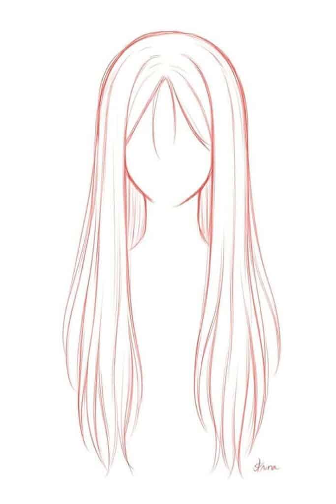 Anime Hair Drawing Techniques_ Master Dynamic Styles _ Simple pencil sketch of long flowing hair on a head, showcasing delicate lines and symmetrical design for an artistic hairstyle concept. | Sky Rye Design Simple pencil sketch of long flowing hair on a head, showcasing delicate lines and symmetrical design for an artistic hairstyle concept.