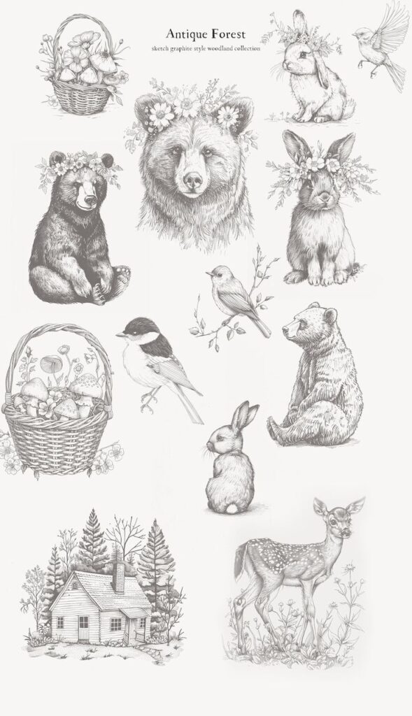 Antique Style Graphite Woodland Cottagecore Collection - Woodland Clipart - Woodland Animals - Etsy Antique forest illustration with sketch-style animals, mushrooms, birds, and a cabin, emphasizing woodland themes and vintage aesthetics. | Sky Rye Design Antique forest illustration with sketch-style animals, mushrooms, birds, and a cabin, emphasizing woodland themes and vintage aesthetics.