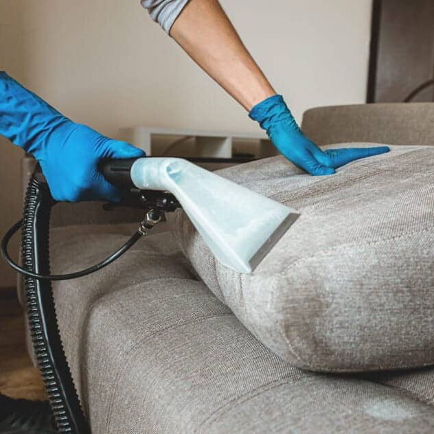 Professional cleaning service using a vacuum to deep clean a sofa cushion, ensuring a spotless and fresh living room environment.