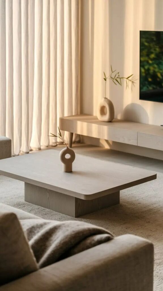 Apartment Living Room Designs 2026_ Modern Cozy and Inspiring Ideas for Every Style Minimalist living room with modern decor, natural light, a sleek wooden coffee table, beige curtains, and neutral tones for a cozy ambiance. | Sky Rye Design Minimalist living room with modern decor, natural light, a sleek wooden coffee table, beige curtains, and neutral tones for a cozy ambiance.