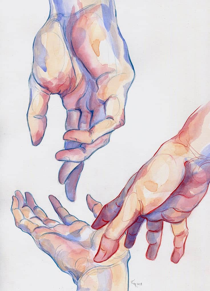 Art of Kristen Maduik Watercolor painting depicting two hands reaching out, with vibrant colors blending seamlessly, expressing connection and emotion. | Sky Rye Design Watercolor painting depicting two hands reaching out, with vibrant colors blending seamlessly, expressing connection and emotion.