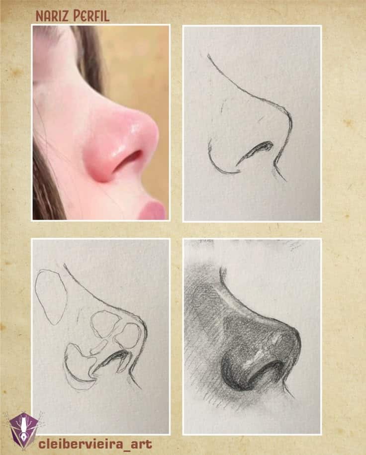 Artista_ Cleiber Vieira Close-up and sketches of a nose in profile view, showcasing different artistic techniques and shading styles. | Sky Rye Design Close-up and sketches of a nose in profile view, showcasing different artistic techniques and shading styles.
