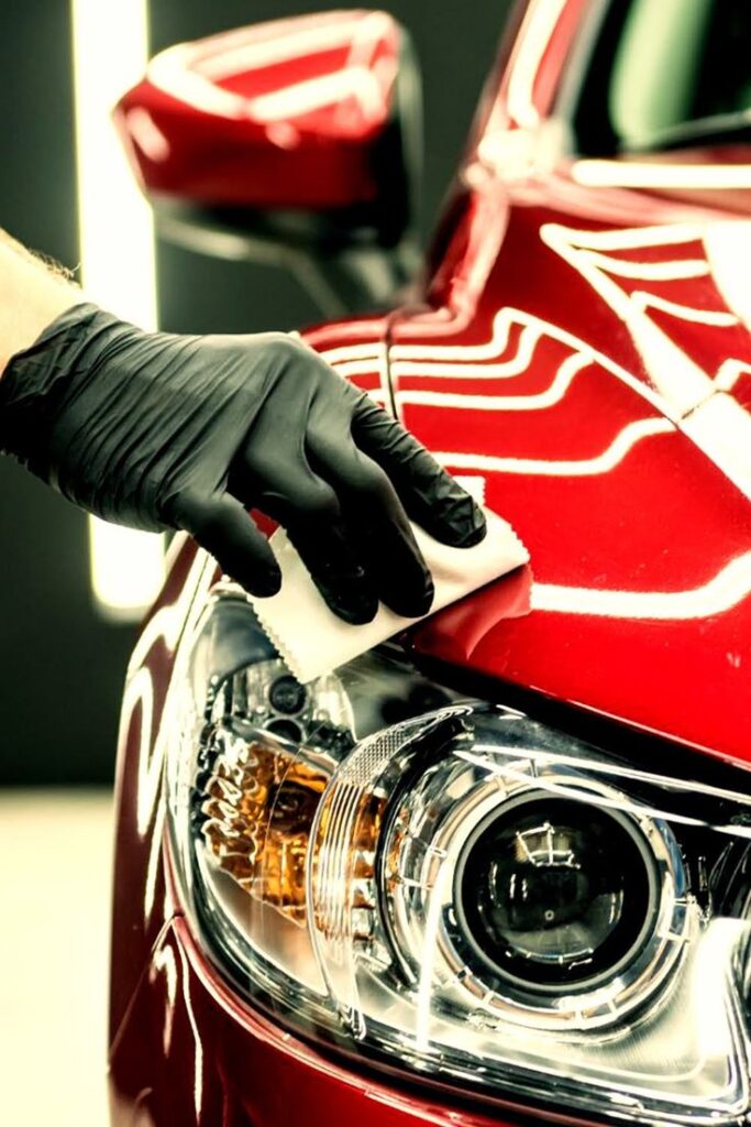 Autodetailing AUTOCARE Słupsk ul_ Poprzeczna 7 Person wearing black gloves polishing red car headlight with a cloth for a glossy finish. Car detailing and maintenance concept. | Sky Rye Design Person wearing black gloves polishing red car headlight with a cloth for a glossy finish. Car detailing and maintenance concept.