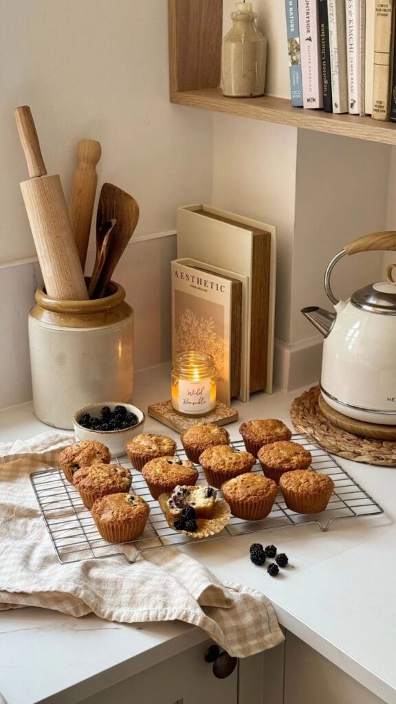 Autumn Countdown_ 1 Week to Go - My Favourite Baking Recipes for the Cosy Season Homemade muffins cooling on a rack in cozy kitchen, with books, kettle, candle, and blackberries for a warm, inviting atmosphere. | Sky Rye Design Homemade muffins cooling on a rack in cozy kitchen, with books, kettle, candle, and blackberries for a warm, inviting atmosphere.