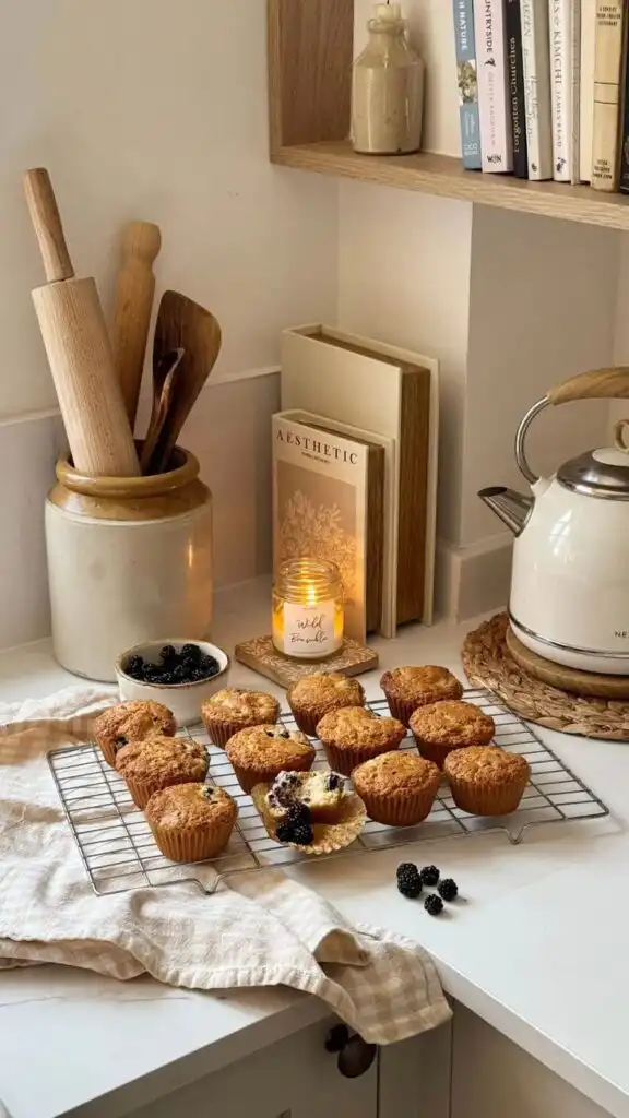 Homemade muffins cooling on a rack in cozy kitchen, with books, kettle, candle, and blackberries for a warm, inviting atmosphere.