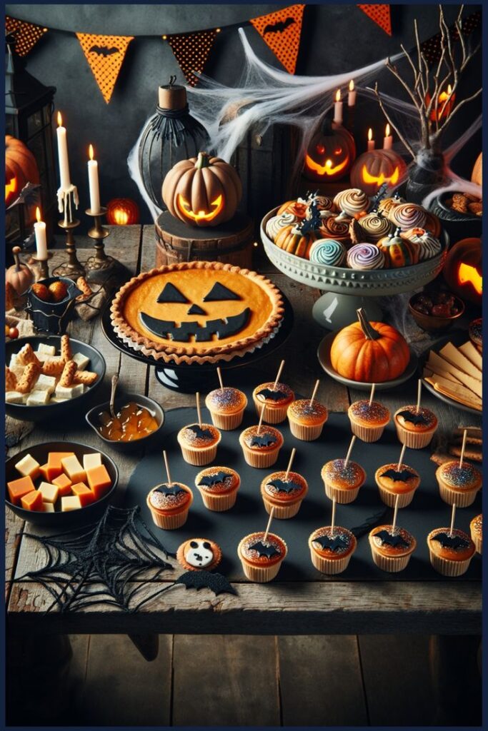 Autumn Harvest Recipes Halloween party table with pumpkin pie, cupcakes, spooky decorations, and cobwebs for a festive celebration. | Sky Rye Design Halloween party table with pumpkin pie, cupcakes, spooky decorations, and cobwebs for a festive celebration.