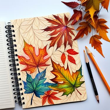Autumn Leaves Journal Page Sketchbook with colorful autumn leaf drawings, surrounded by real leaves and pencils, on a white background. | Sky Rye Design Sketchbook with colorful autumn leaf drawings, surrounded by real leaves and pencils, on a white background.