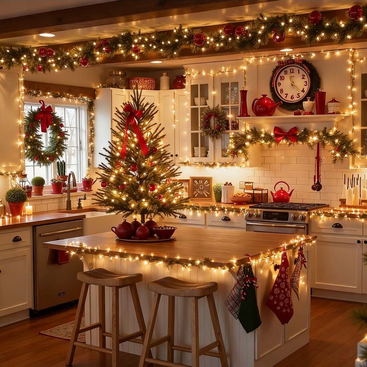 BIGHOUSE 4 Pack 16FT Classic Christmas String Lights 50 Mini LEDs Battery Operated _ BH30030100782P Festive kitchen adorned with Christmas lights, garlands, and a small tree, creating a cozy holiday atmosphere. Red accents enhance the decor. | Sky Rye Design Festive kitchen adorned with Christmas lights, garlands, and a small tree, creating a cozy holiday atmosphere. Red accents enhance the decor.