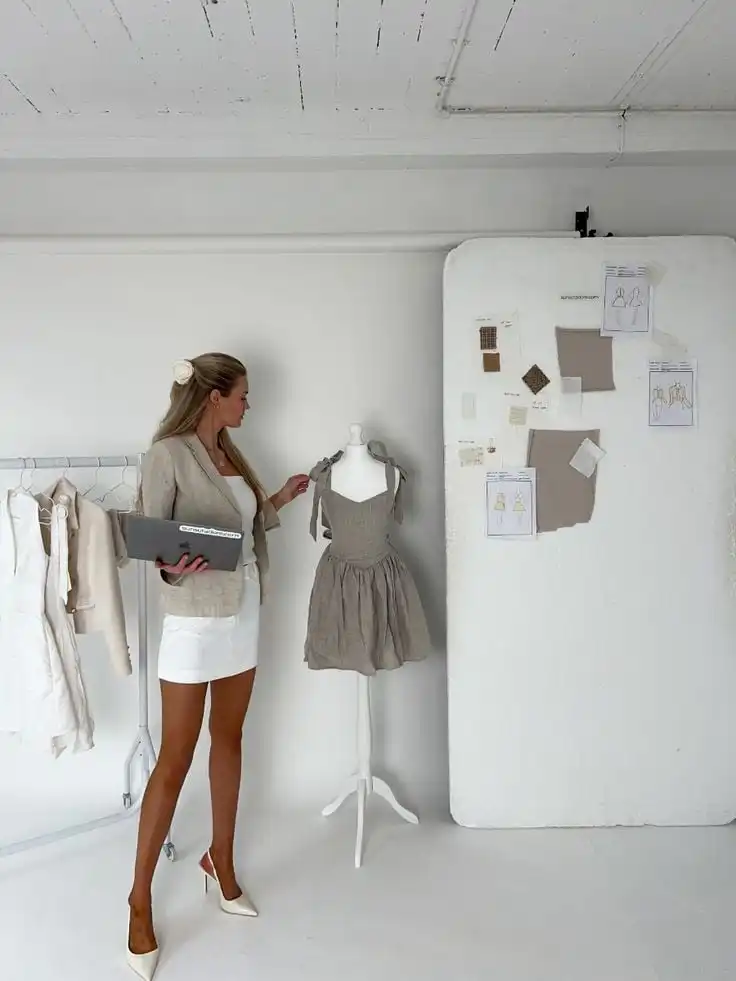 Fashion designer reviewing a dress on a mannequin with sketches and fabric swatches on the wall, holding a laptop in a studio setting.