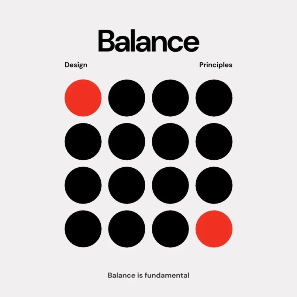 Balance 1 Illustration of balance with black and red circles, highlighting design principles. Text: Balance is fundamental.Minimalist and symmetrical layout. | Sky Rye Design Illustration of balance with black and red circles, highlighting design principles. Text: Balance is fundamental.Minimalist and symmetrical layout.