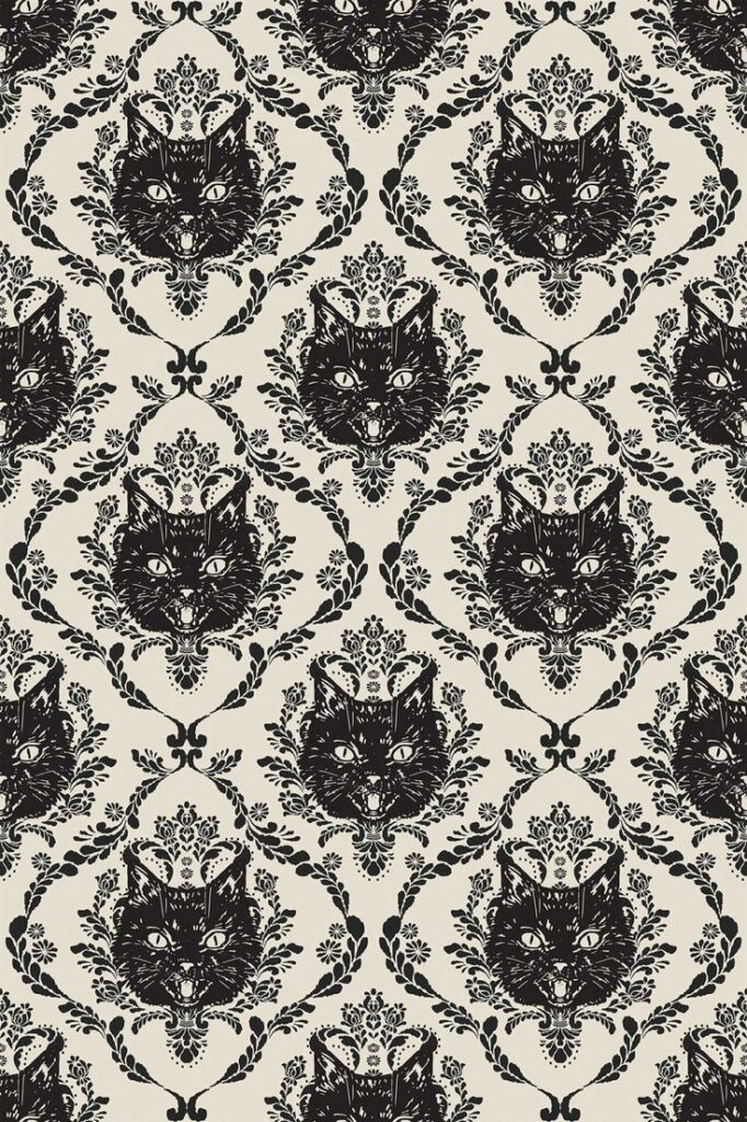 Baroque Gothic Cats Peel and Stick Wallpaper Vintage-inspired pattern with repeating black cat heads and floral motifs on a beige background, creating a unique wallpaper design. | Sky Rye Design Vintage-inspired pattern with repeating black cat heads and floral motifs on a beige background, creating a unique wallpaper design.
