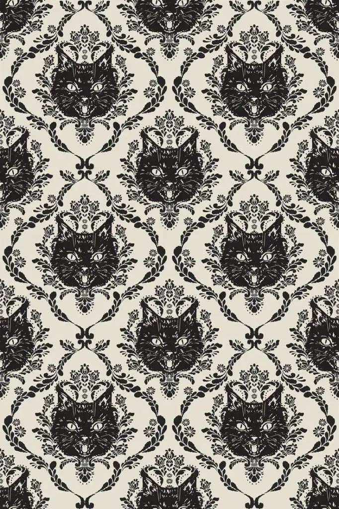 Vintage-inspired pattern with repeating black cat heads and floral motifs on a beige background, creating a unique wallpaper design.