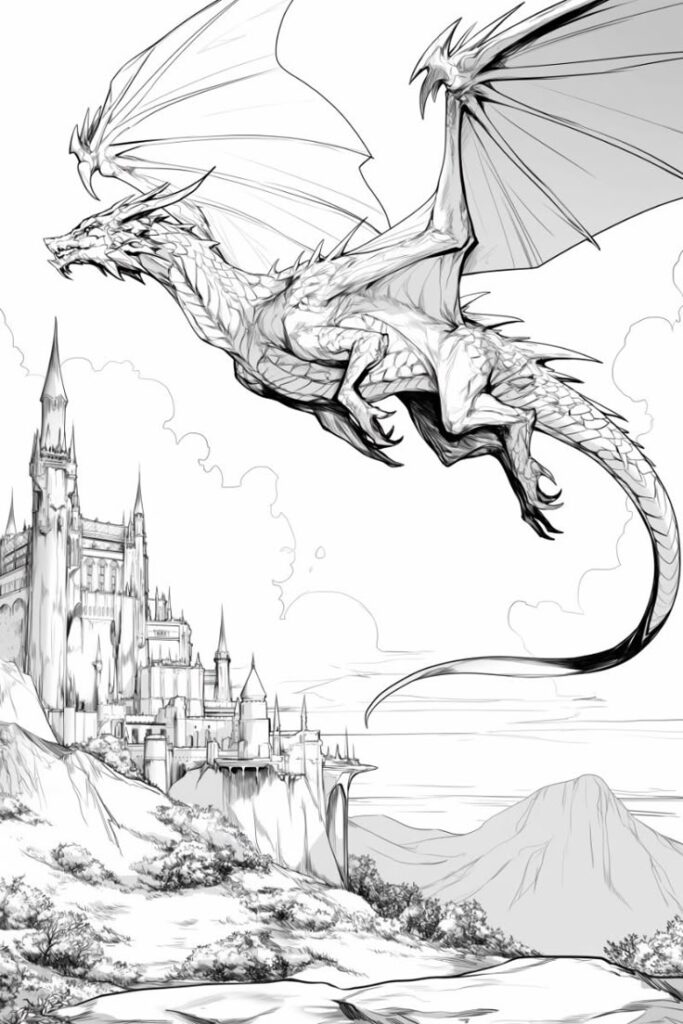 Majestic dragon flying over medieval castle, fantasy artwork. Black and white illustration capturing epic mythical adventure scene.